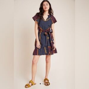 Anthropologie Ranna Gill Sibyl Shimmer Mini Dress Faux Wrap Striped Size Small